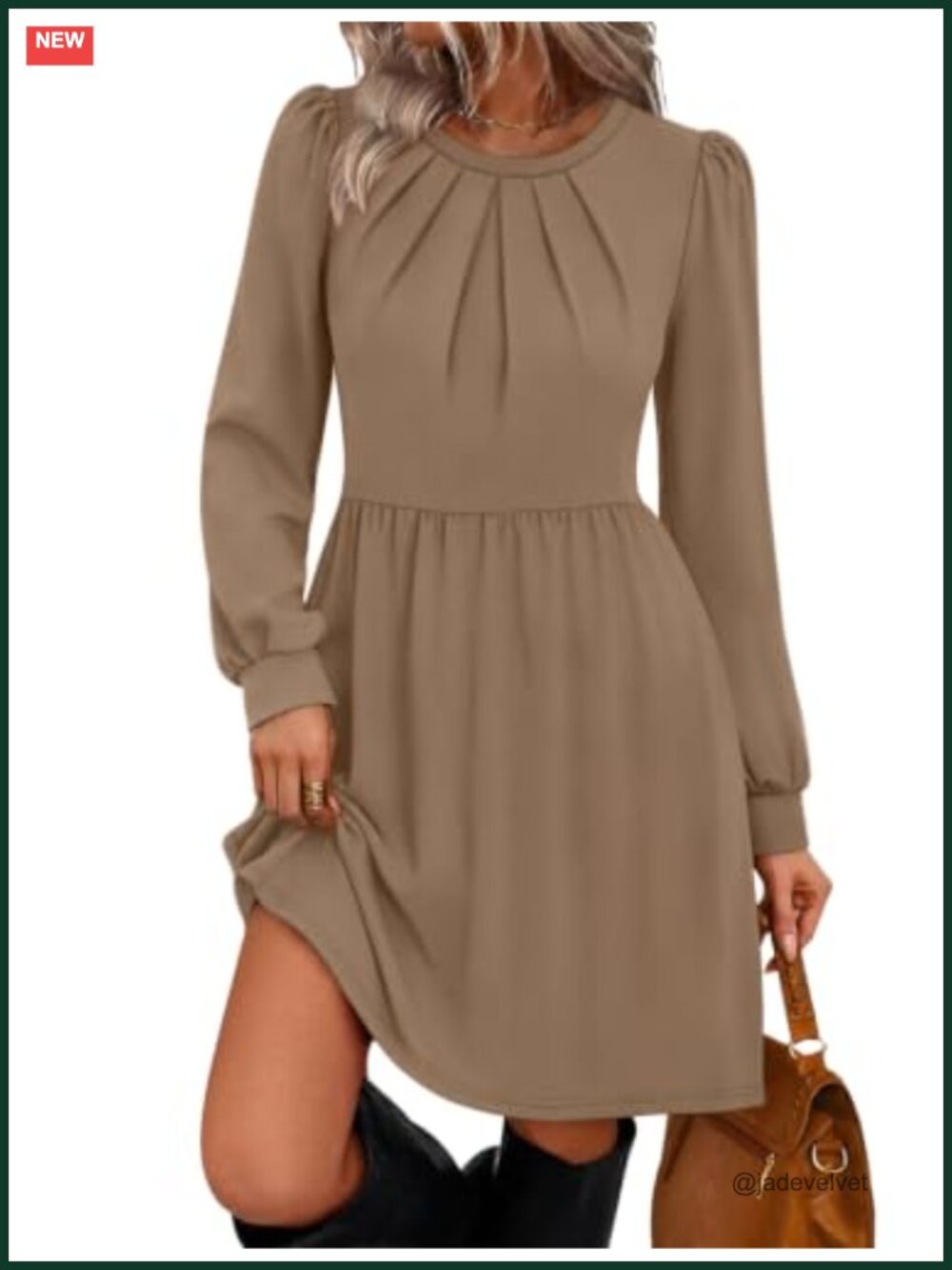 Long Sleeve A-Line Fall Dress with Pockets Puff Sleeve